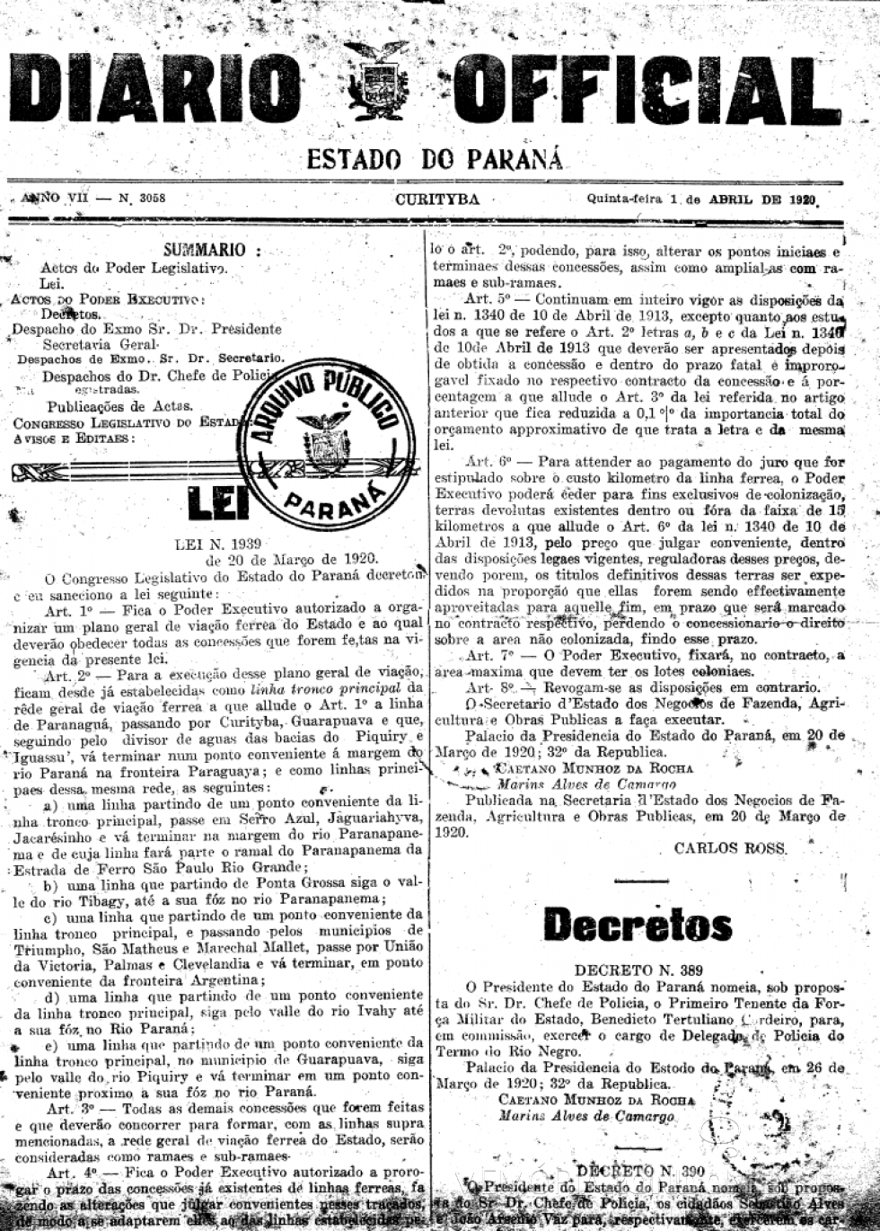 || Cópia da publicação da Lei nº 1.939, de 20 de março de 1920, ref. ao Plano Feroviário do Estado do Paraná. 
Imagem: Acervo Arquivo Público do Paraná - FOTO 2 -