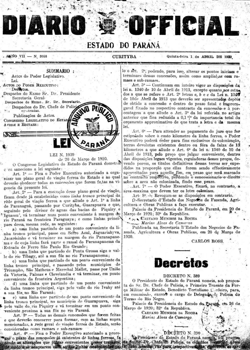 || Cópia da publicação da Lei nº 1.939, de 20 de março de 1920, ref. ao Plano Feroviário do Estado do Paraná. 
Imagem: Acervo Arquivo Público do Paraná - FOTO 2 - 