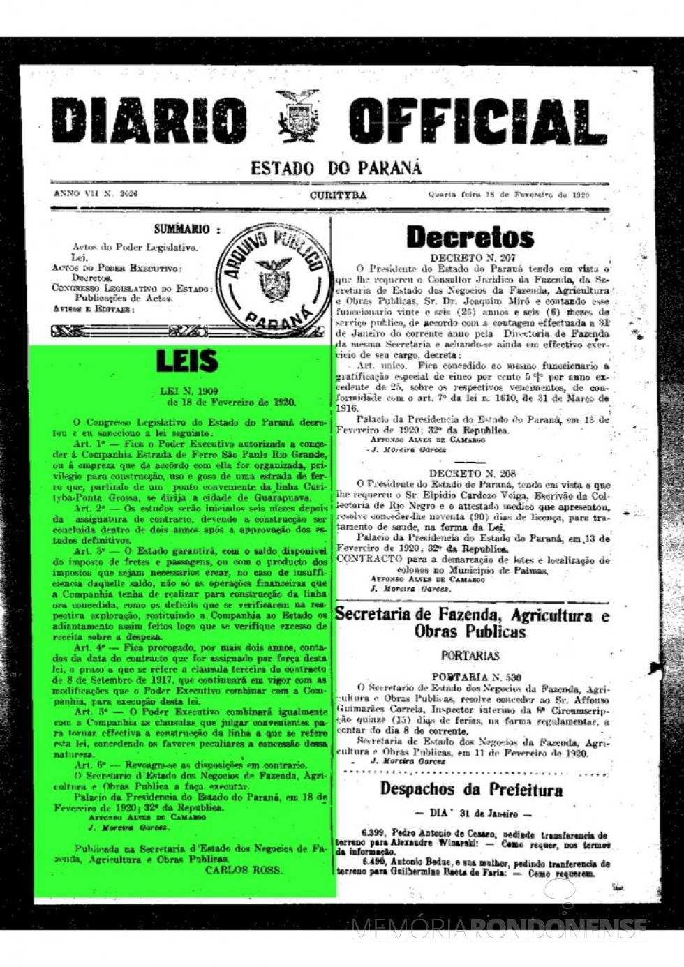 || Publicação da Lei nº 1.909, de fevereiro de 1920, ref. a construção da Estrada de Ferro Oeste-Paraná.
Imagem: Acervo Arquivo Público do Paraná - FOTO 2 -