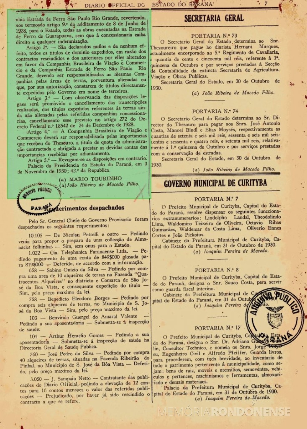 || Parte final do Decreto nº 300, de novembro de 1930, expedido pela Interventoria no Estado do Paraná.
Imagem: Acervo Arquivo Público do Paraná - FOTO 10 - 