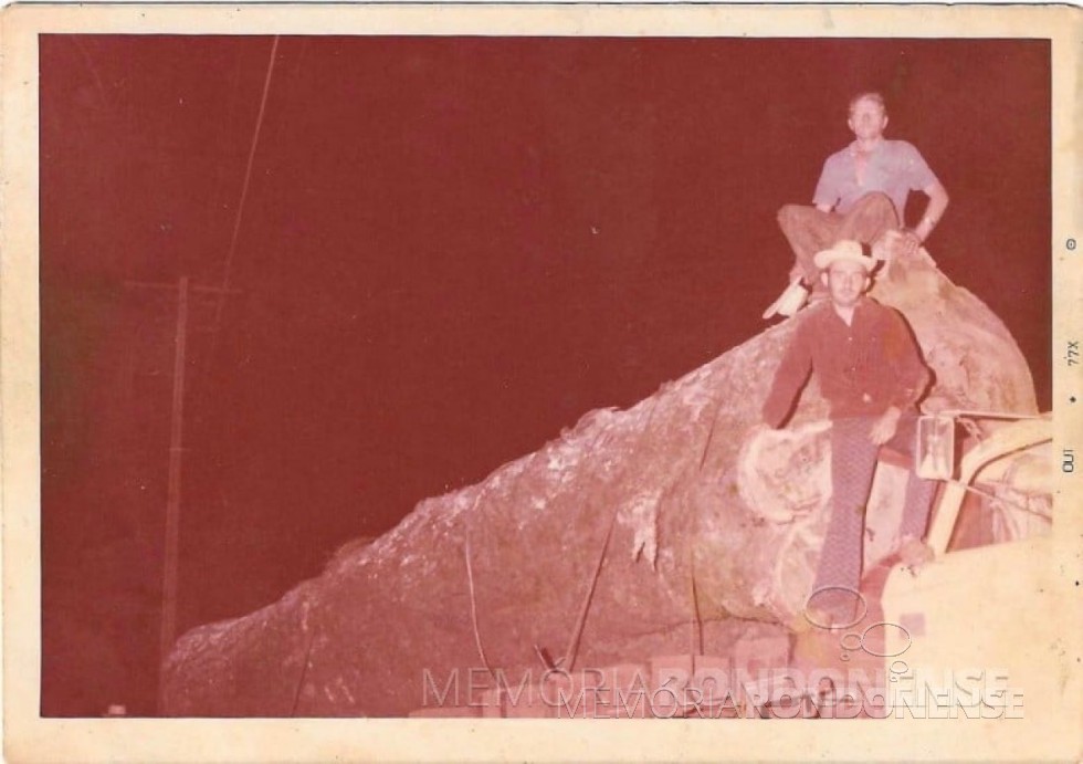 || Rondonense Waldir Zimmermann (de camisa vermelha) sentado sobre o tronco de ipê que vendeu à Prefeitura Municipal de Marechal Cândido Rondon, em setembro de 1977.
Imagem: Acervo do jornalista rondonense Jadir Zimmermann - FOTO 10 - 