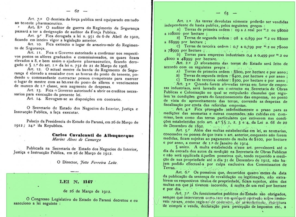 || Parte inicial da publicação da Lei nº 1.147 do Governo do Paraná, de março de 1912.
Imagem: Arquivo Público do Paraná - FOTO 2 - 