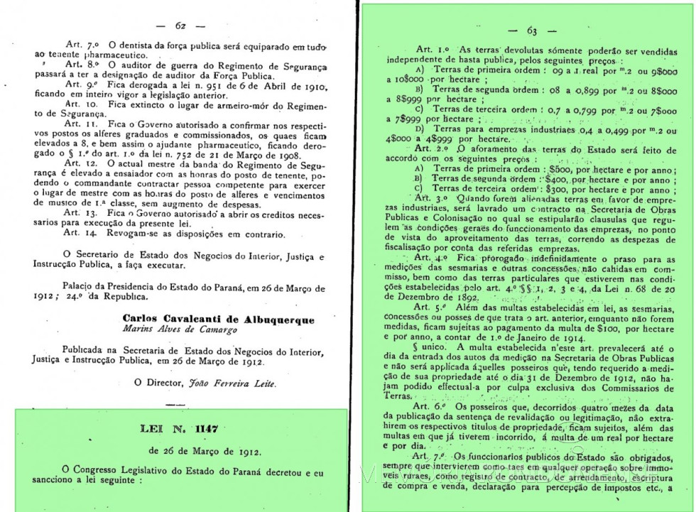 || Parte inicial da publicação da Lei nº 1.147 do Governo do Paraná, de março de 1912.
Imagem: Arquivo Público do Paraná - FOTO 2 - 