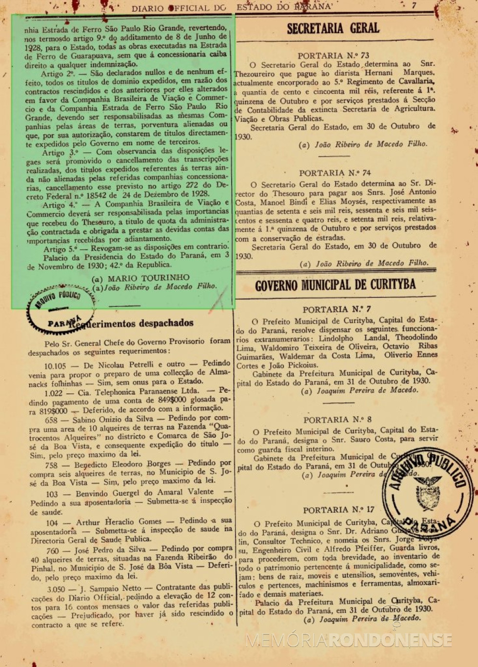 || Parte final do Decreto nº 300, de novembro de 1930, expedido pela Interventoria no Estado do Paraná.
Imagem: Acervo Arquivo Público do Paraná - FOTO 10 -