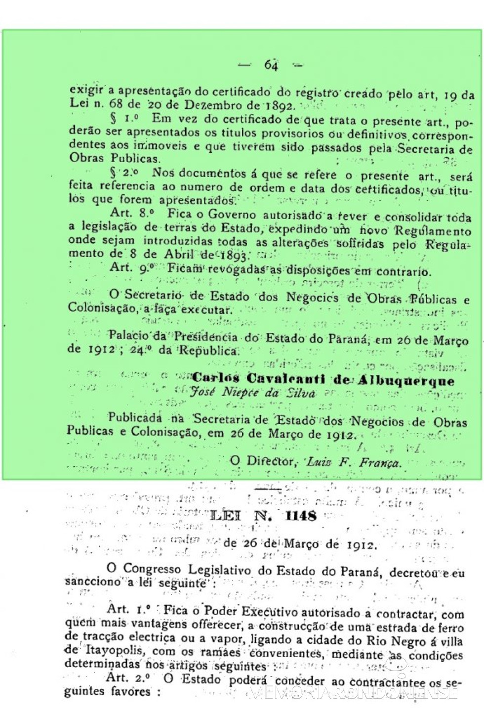 || Parte final da publicação da Lei nº 1.147 do Governo do Paraná, de março de 1912.
Imagem: Arquivo Público do Paraná - FOTO 3 -