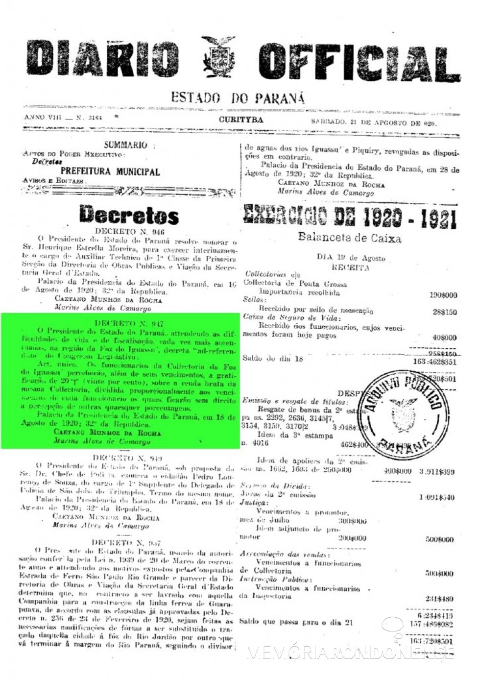 || Publicação do Decreto nº 947, de agosto de 1920, que concedia vantagens aos funcionários da Coletoria Estadual de Foz do Iguaçu.
Imagem; Acervo Arquivo Público do  Paraná - FOTO 3 - 