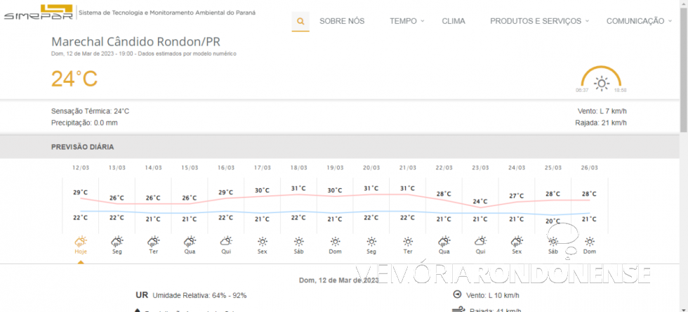 || Boletim metereológico  para a cidade de Marechal Cândido Rondon do Sistema de Tecnologia e Monitoramento Ambiental do Paraná (SIMEPAR) para o dia 12 de março de 2023 e dias seguintes. 
Imagem: Acervo do órgão informado - FOTO 23 - 