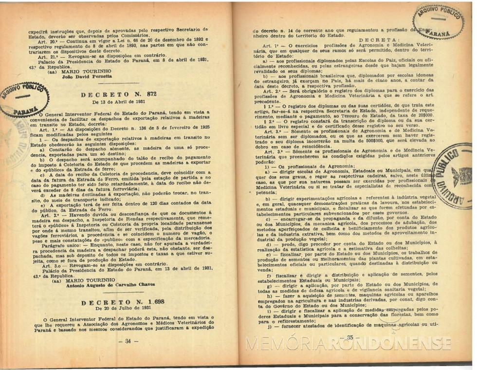|| Parte finnal
da publicação do Decreto nº 800, do Governo do Paraná, de abril de 1931.
Imagem: Acervo Arquivo Público do Paraná - FOTO 5