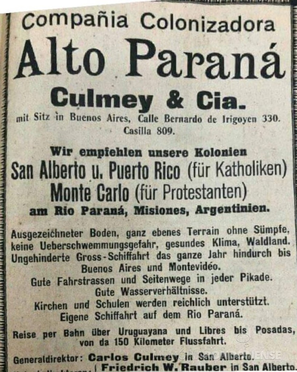 || Cartaz propagandista do projeto de colonização em Misiones, em várias localidades, implementado pelo engenheiro alemão Culmey, a partir de 1920. 
Imagem: Acervo Alfonso R. Arrechea (Posadas) - FOTO 3 - 