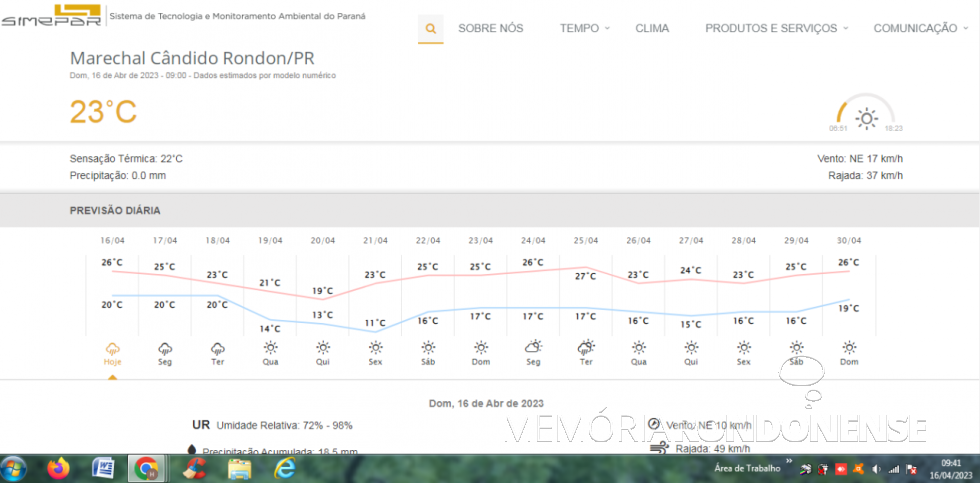 || Painel de previsão pluviométrica para a cidade de Marechal Cândido Rondon para o dia 16 de abril de 2023 e dias seguintes.
Image: Acervo do Ógrão citado - FOTO 15 - 
