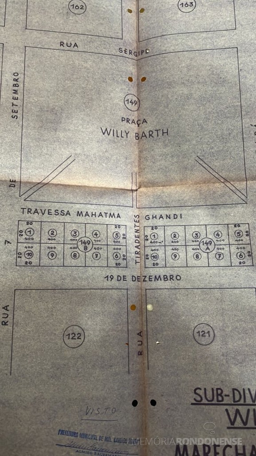 || Mapa com o indicativo da Travessa Mahatma Gandhi que teve a sua nomenclatura alterada para Travessa Brasília pelo projeto de lei nº 5/763 - CM, em maio de 1973.
Imagem: Acervo Câmara Municipal de Marechal Cândido Rondon - FOTO 16 - 
