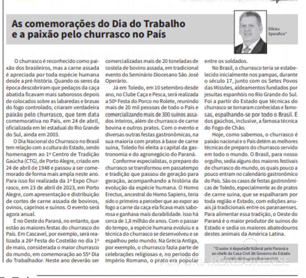 || Artigo do deputado federal Dilceu Sperafico publicado no jornal rondonense