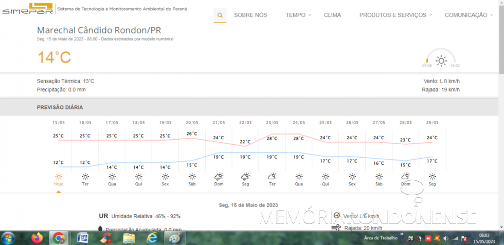 || Planilha climatológica digital do Simepar para Marechal Cândido Rondon para o dia15 de maio de 2023 e dias seguintes.
Imagem: Acervo do Órgão citado - FOTO 24 -