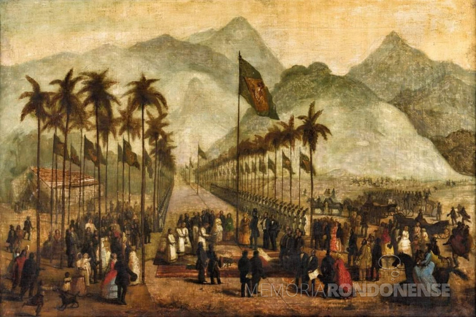 || Comitiva imperial, autoridades, convidados e público na inauguração da 1ª ferrovia no Brasil, em final de abril de 1854.
Imagem: Acervo Brazil Imperial/Facebook  - artista da ilustração: desconhecido - FOTO 2 - 