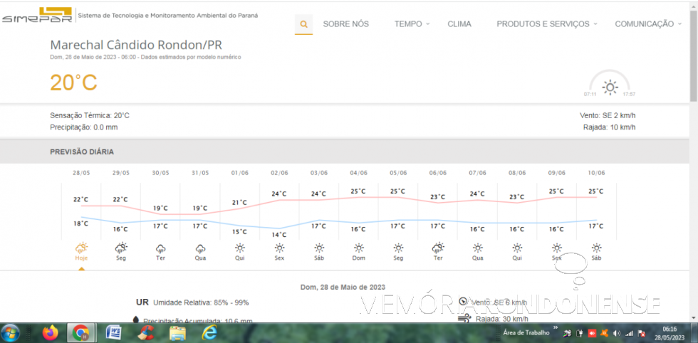 || Carta metereológica do Sistema de Tecnologia e Monitoramento Ambiental do Paraná (SIMEPAR) para Marechal Cândido Rondon para o dia 28 de maio de 2023 e dias seguintes.
Imagem: Acervo do Órgão citado - FOTO 23 - 