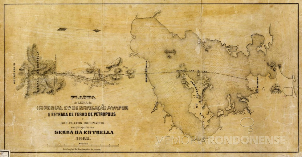 || Mapa da 1ª linha ferroviária no Brasil com a extensão para a cidade de Petrópolis.
Imagem: Acervo 