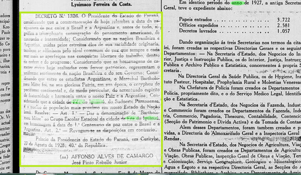 || Publicação do Decreto nº 1326 que alterou para Bartholomeu Mitre o nome do grupo escolar de Foz do Iguaçu, em agosto de 1929.
Imagem: Acervo Biblioteca Nacional Digital - FOTO 4 -