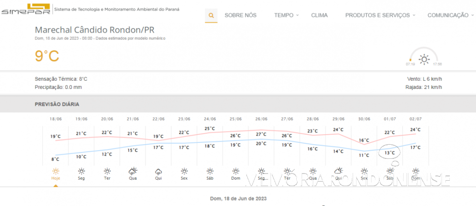 || Planilha metereológica para a cidade de Marechal Cândido Rondon com a previsão para o dia 18 de junho de 2023 e dias seguintes, fornecida pelo Sistema de Tecnologia e Monitoramento Ambiental do Paraná (SIMEPAR).
Imagm: Acervo do Órgão citado - FOTO 20 -