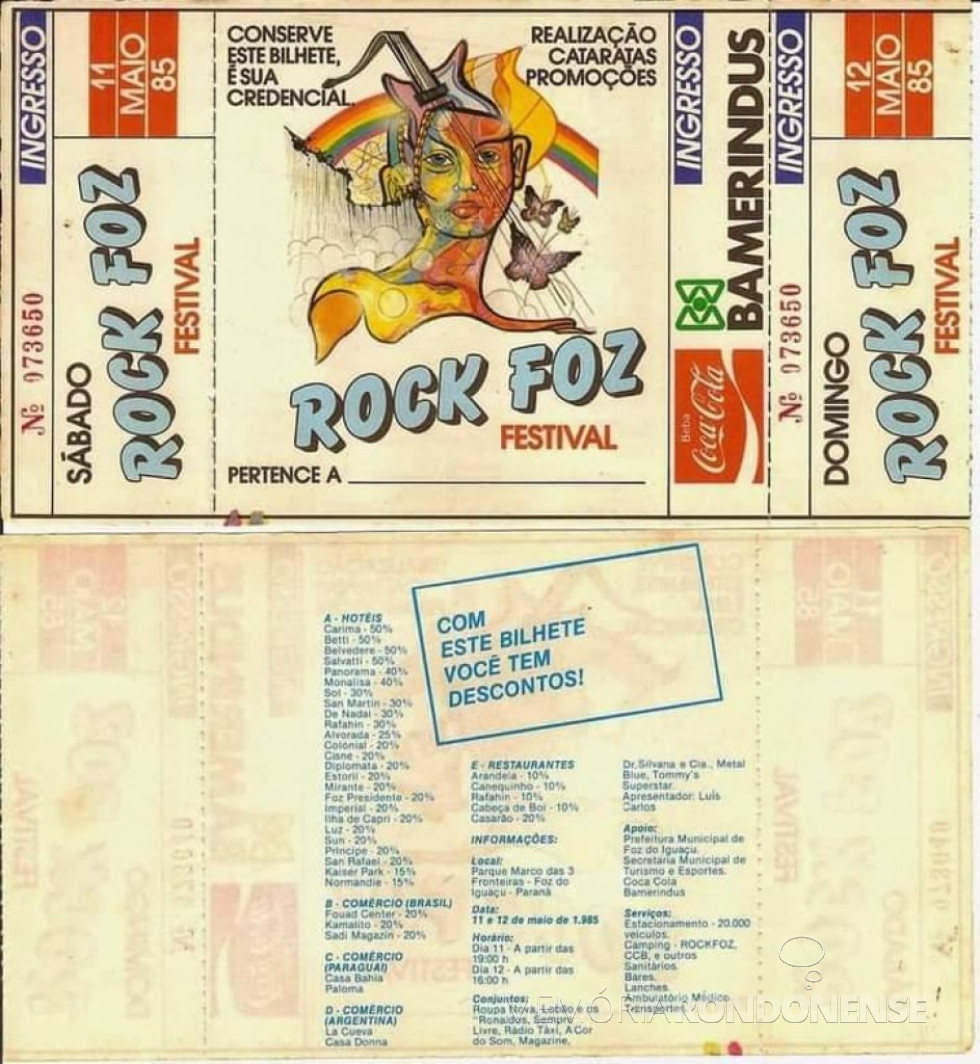 || Ingresso para Rock Foz Festival que aconteceu em maio de 1985.
Imagem: Acervo Odorny Tymus - FOTO 5 -