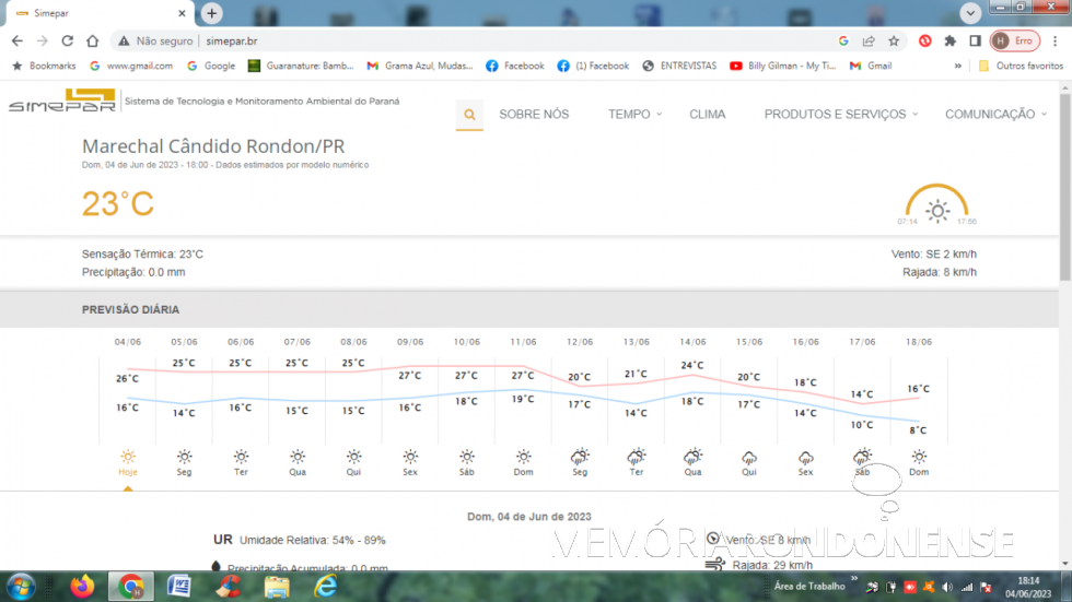 || Previsão metereológica  para Marechal Cândido Rondon, do Sistema de Tecnologia e Monitoramento Ambiental do Paraná (SIMEPAR), para o dia 04 de junho de 2023 e dias seguintes.
 Imagem: Acervo do Órgão citado - FOTO  33 -