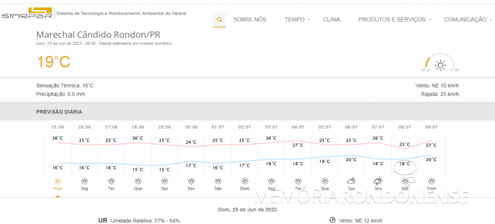 || Previsão climática para a cidade de Marechal Cândido Rondon para o dia 25 de junho de 2023 e dias seguintes fornecida pelo Sistema de Tecnologia e Monitoramento Ambiental do Paraná (SIMEPAR).
Imagem: Acervo do Órgão citado - FOTO 28 -