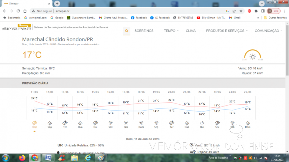 || Previsão metereológica para a cidade de Marechal Cândido Rondon emitido pelo Sistema de Tecnologia e Monitoramento Ambiental do Paraná (SIMEPAR) para o dia 11 de junho de 2023 e dias seguintes.
Imagem: Acervo do òrgão citado - FOTO 23 - 