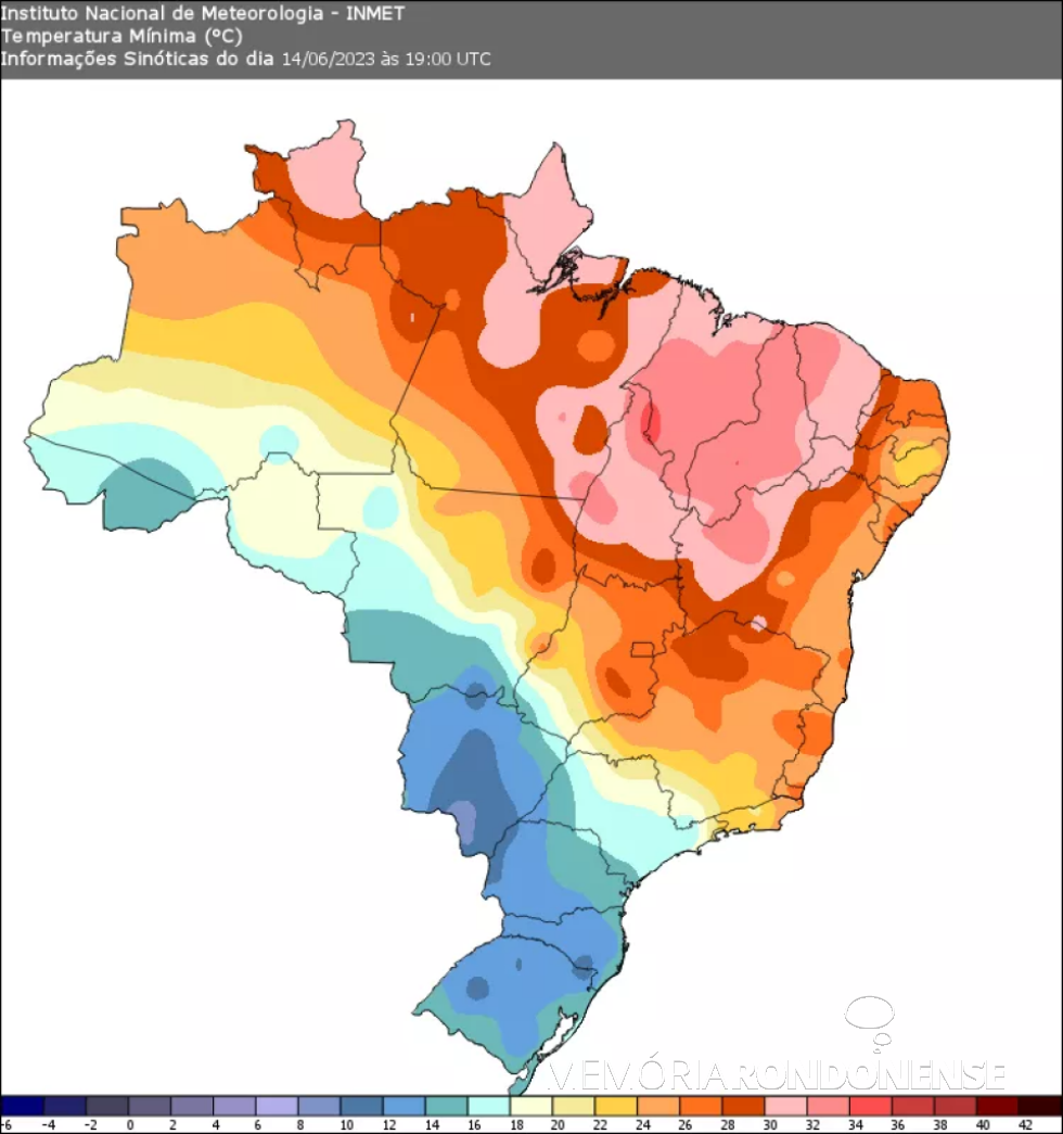 || Mapa do Instituto Nacional de Metereologia (INMET) com as informações sinóticas de 14 de 
 junho de 2023.
Imagem: Acervo Metsul - FOTO 24 -