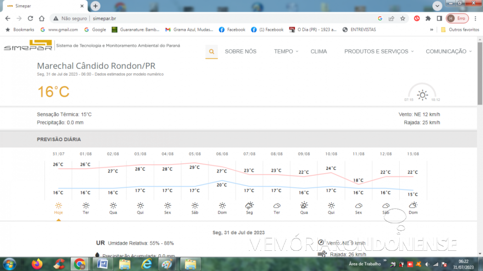 || Boletim de previsão metereológica para Marechal Cândido Rondon, para 31 de julho de 2023 e dias seguintes, emetido pelo Sistema de TRecnologia e Monitoramento Ambiental do Paraná (SIMEPAR) - FOTO 17 - 