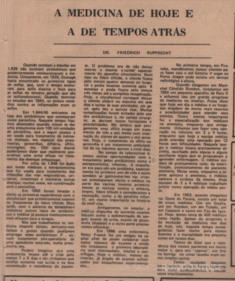 || Texto escrito pelo médico rondonense Dr. Friedrich Rupprecht Seyboth, publicado em junho de 1978 no jornal