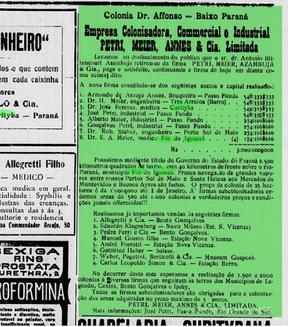 || Anúncio da Empreza Colonisadora, Comercial e Industrial Petri, Meier, Annes & Cia. Ltda. sobre mudança societária, em junho de 1920.
Imagem: Acervo Biblioteca Nacional Digital - FOTO 2 -