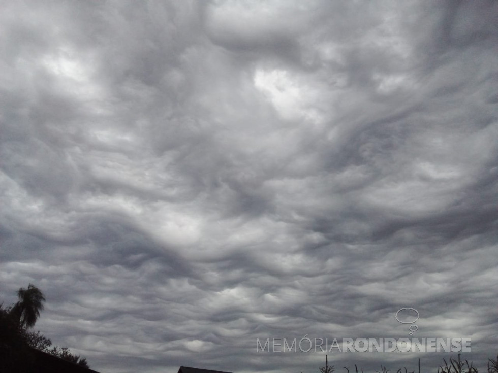 || Nebulosidade tipo nimbostratus undulatus que se formou a meia tarde na região de Marechal Cândido Rondon e que precipitou ventos fortes e chuvas, em 12 de julho de 2023.
Imagem: Acervo e crédito do pioneiro rondonense Eli Marcon - FOTO 28 -