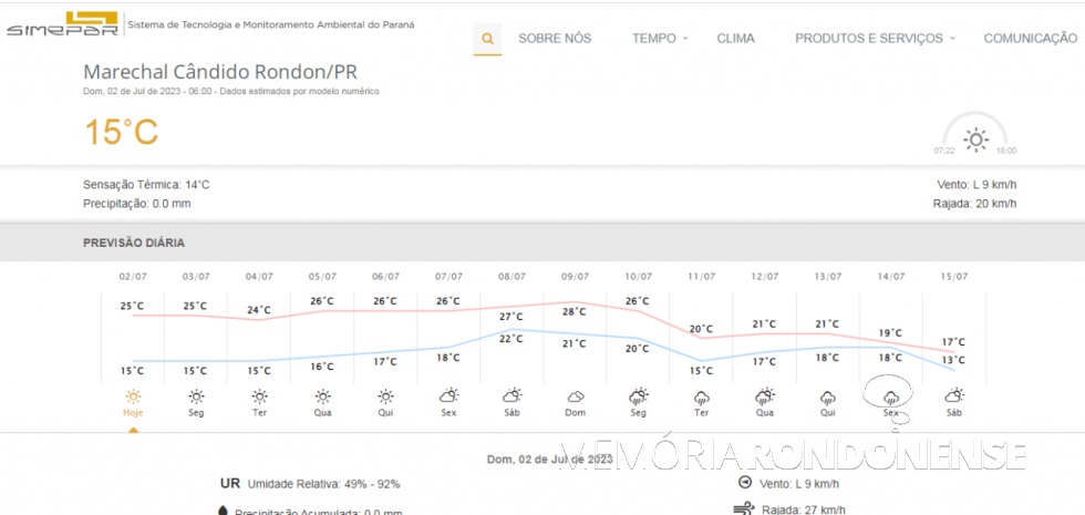 || Boletim meteorológico digital do Sistema de Tecnologia e Monitoramento do Paraná (SIMEPAR) para Marechal Cândido Rondon para o dia 02 de julho de 2023 e dias seguintes.
Imagem: Acervo do Órgão citado - FOTO 43 -