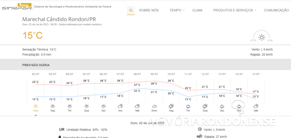 || Boletim metereológico digital do Sistema de Tecnologia e Monitoramento do Paraná (SIMEPAR) para Marechal Cândido Rondon para o dia 02 de julho de 2023 e dias seguintes.
Imagem: Acervo do Órgão citado - FOTO 31 -