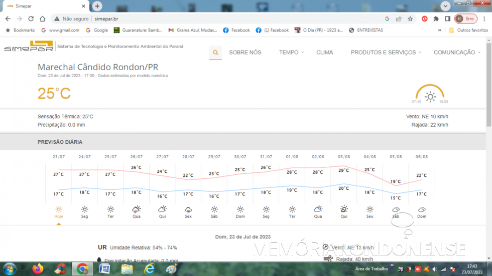 || Carta digital de previsão metereológica fornecida pelo Sisrtema de Tecnologia e Monitoramento Ambiental do Paraná (SIMEPAR) para a cidade de Marechal Cândido Rondon para o  dia 23 de julho de 2023 e dias seguintes. - FOTO 37 - 