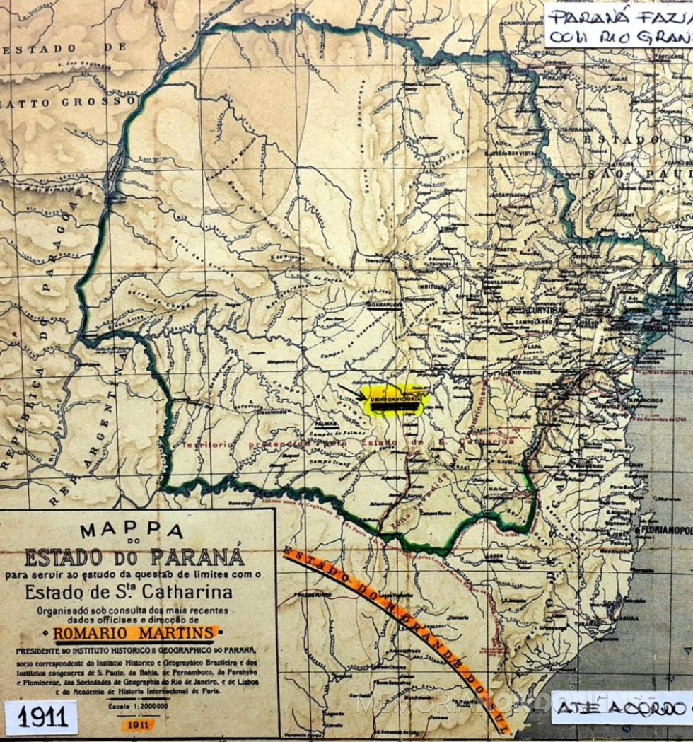 || Mapa do Paraná elaborado por Marcos Leschaud em 1896 e atualizado pelo históriador paranaense Romário Martins em 1911.
Imagem: Acervo de Patrick François Jarwoski - FOTO 3 -