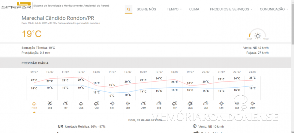 || Boletim digital do Sistema de Tecnologia e Monitoramento Ambiental do Paraná (SIMEPAR) com previsão climatológica para Marechal Cândido Rondon, 09 de julho de 2023 e dias seguintes.
Imagem: Acervo do Órgão citado - FOTO 25 -