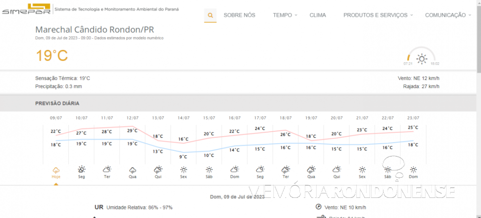 || Boletim digital do Sistema de Tecnologia e Monitoramento Ambiental do Paraná (SIMEPAR) com previsão climatológica para Marechal Cândido Rondon para o dia 09 de julho de 2023 e dias seguintes.
Imagem: Acervo do Órgão citado - FOTO 23 -