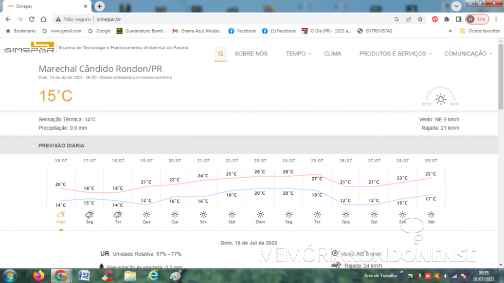 || Boletim metereológico para o dia 16 de julho de 2023 e dias seguintes  concernente à cidade de Marechal Cândido Rondon.
Imagem: Acervo Sistema de Tecnologia e MOnitoramento Ambeintal do Paraná (SIMEPAR) - FOTO 15 - 