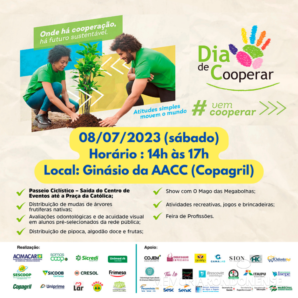 || Cartaz do Dia de Cooperar  em Marechal Cândido Rondon, realizado em julho de 2023.
Imagem: Acervo Projeto Memória Rondonense - FOTO  20 - 