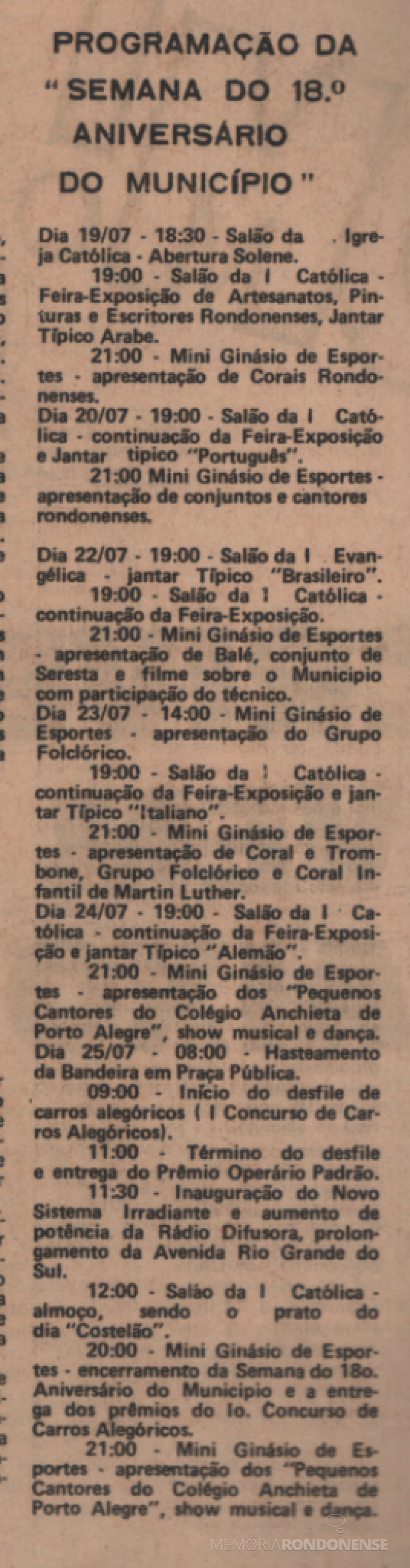 || Agenda programática de eventos do 18º aniversário de Marechal Cândido Rondon, em julho de 1978.
Imagem: Acervo Projeto Memória Rondonense/Família Ariovaldo Luiz Bier - extrato do jornal