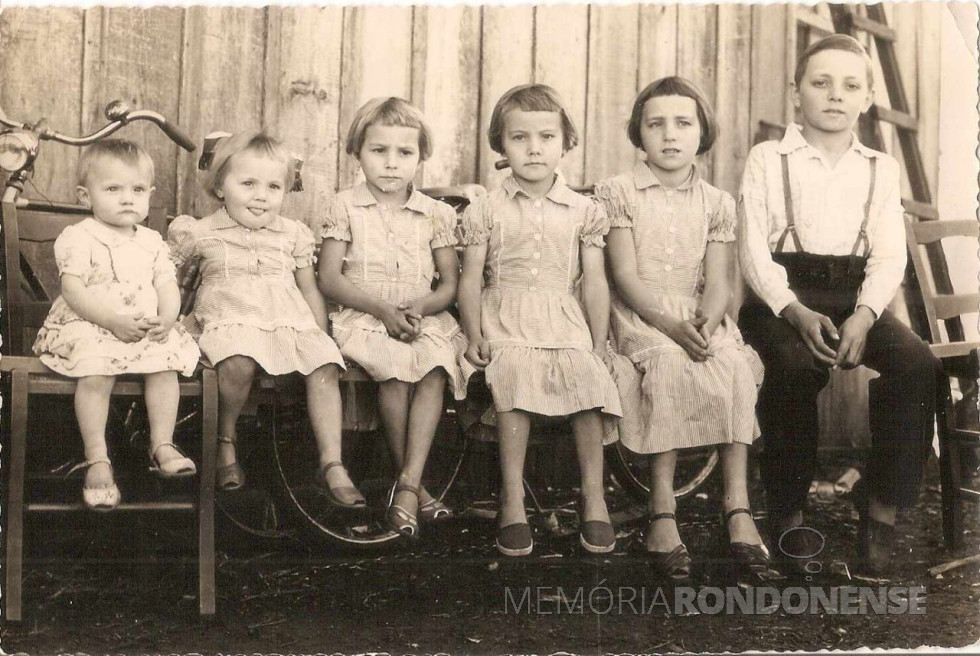 || Os seis primeiros filhos do casal rondonense pioneiro Odilia e Aorelio Casarotto. Da esquerda à direita: Marília, Marilene, Marinez, Iracema, Inês e Nadir.
Imagm: Acervo de Lidiane Casarotto Kotz - FOTO 8 -