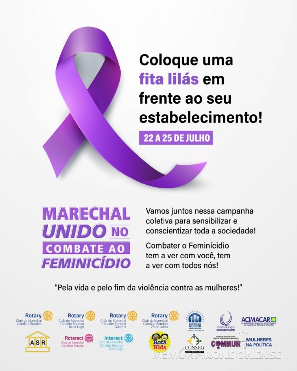 || Banner da Acimacar  de adesão à campanha de combate ao feminicído, em julho de 2023.
Imagem: Acervo da entidade de classe - FOTO 10 - 