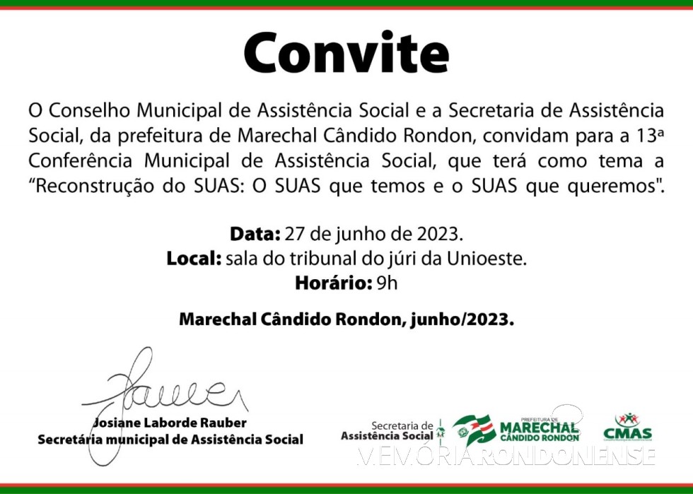 || Estampa do convite para a 13ª Conferência Municipal de Assistência Municipal de Marechal Cândido Rondon.
Imagem: Acervo PM-MCR - FOTO 21 - 