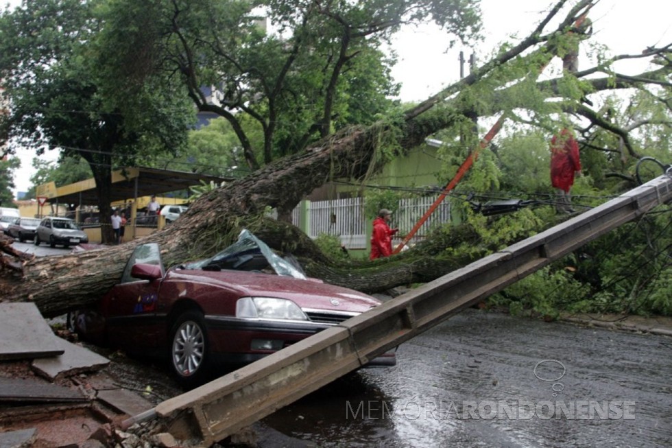 || Passagem do temporal na cidade de Marechal Cândido Rondon, em agosto de 2008. ]
Imagem: Acervo Gazeta do Povo - FOTO 3 - 