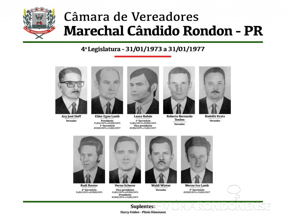 || Composição da 4ª legislatura da Câmara Municipal de Marechal Cândido Rondon, empossada em final de janeiro de 1973.
Imagem: Acervo Legislativo citado - FOTO 11 -