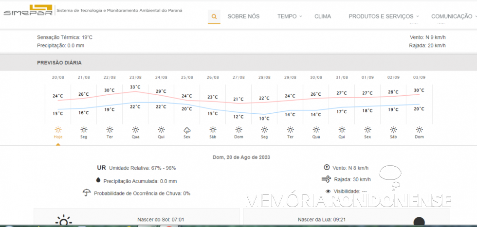 || Boletim de previsão climatológica para a cidade de Marechal Cândido Rondon, ref. ao dia 20 de agosto de 2023 e dias seguintes, fornecido pelo Sistema de Tecnologia e Monitoramento Ambiental do Paraná (SIMEPAR).
Imagem: Acervo do Órgão citado - FOTO 36 -