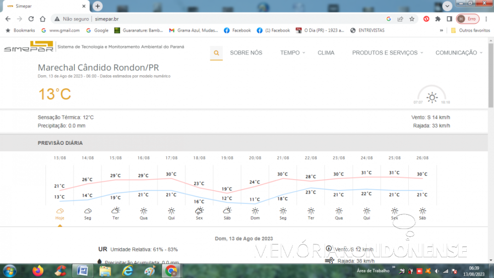 || Planilha digital de previsão meteorológica do Sistema e Tecnologia e Monitoramento Ambiental do Paraná (SIMEPAR) para a cidade de Marechal Cândido Rondon, dia 13 de agosto de 2023 e dias seguintes.
Imagem: Acervo do Órgão citado - FOTO 27 -