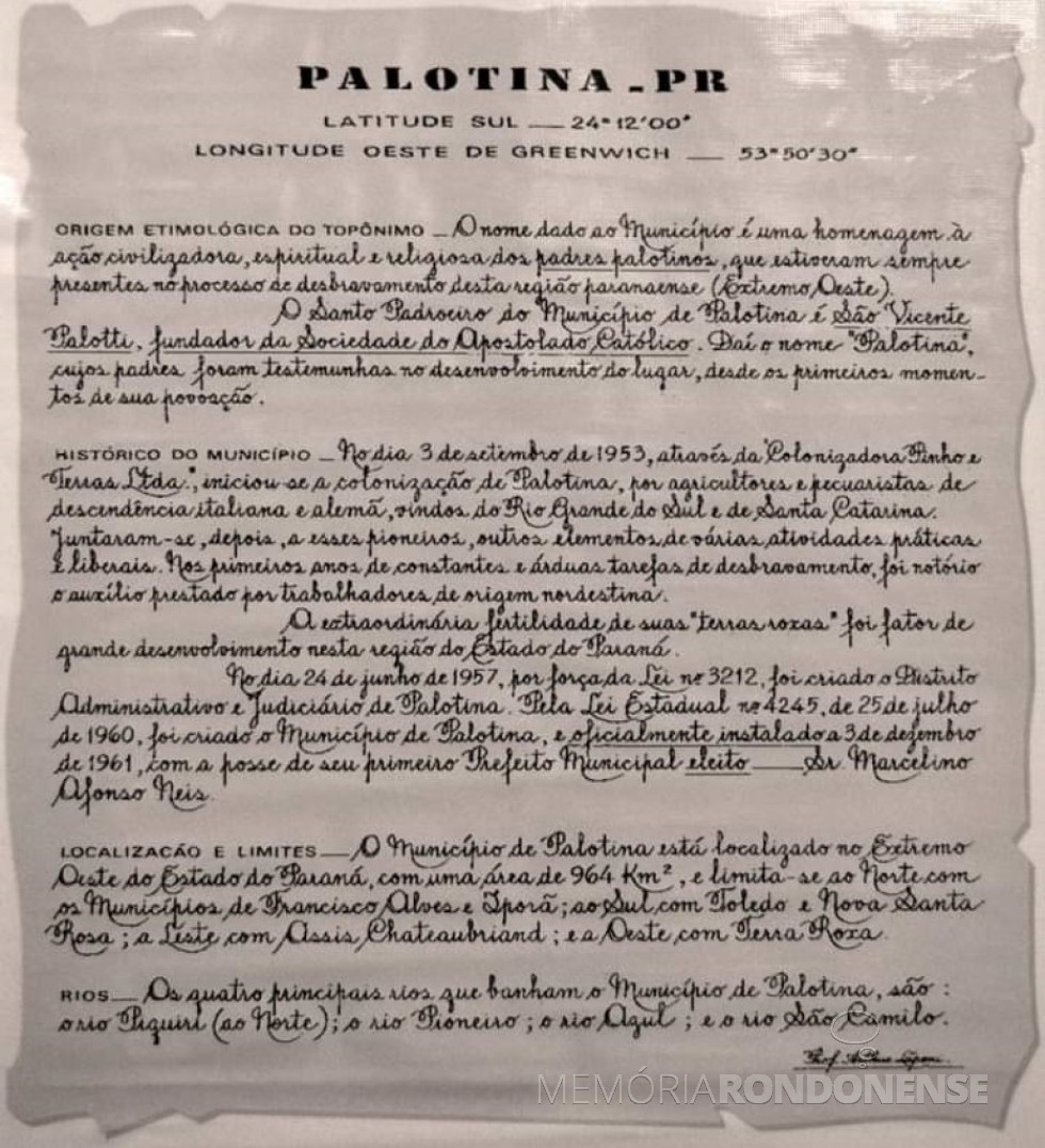 || Histórico de Palotina com o registro do início da colonização em setembro de 1953.
Imagem: Projeto Memória Rondonense - FOTO 3 - 
