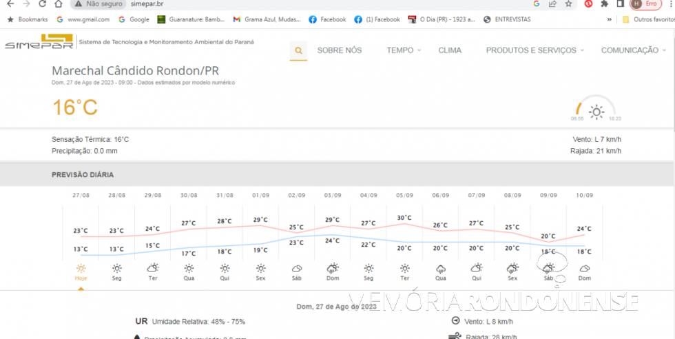 || Boletim metereológico emitido pelo Sistema de Tecnologia e Monitoramento Ambiental do Paraná (SIMEPAR) para a cidade de Marechal Cândido Rondon, para  23 de agosto de 2023 e dias seguintes.
Imagem: Acervo do Órgão citado - FOTO 33 -