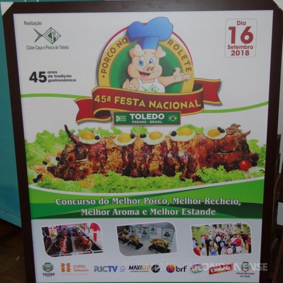 || Banner alusivo a 45ª Festa Nacional do Porco no Rolete de Toledo, em setembro de 2018.
Imagem: Acervo Facebook - FOTO 15 - 